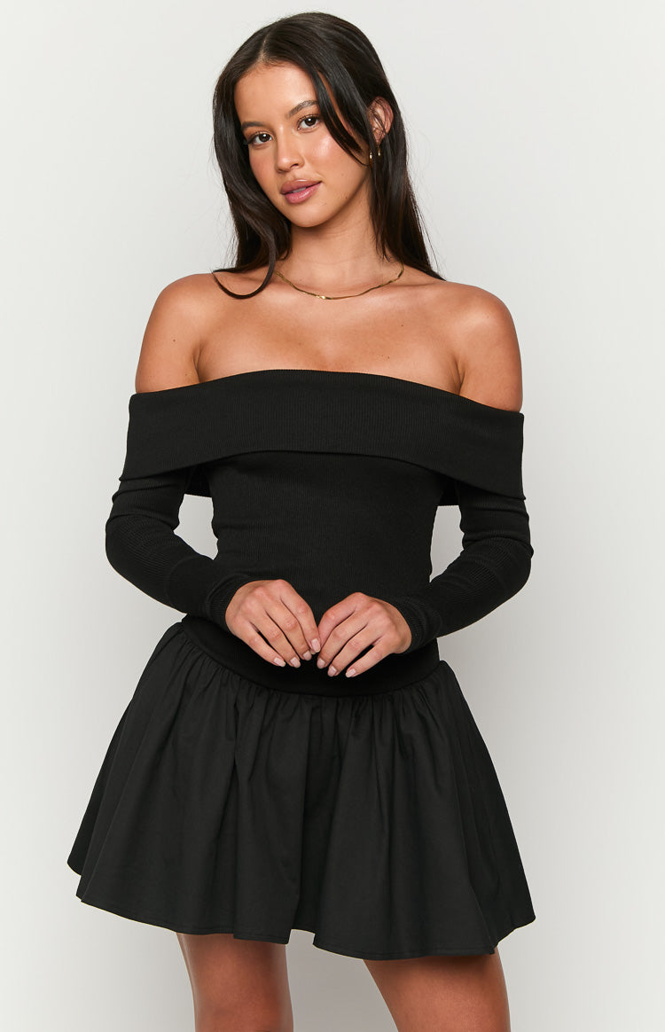 Black off-shoulder ribbed knit long sleeve mini dress with a gathered skirt