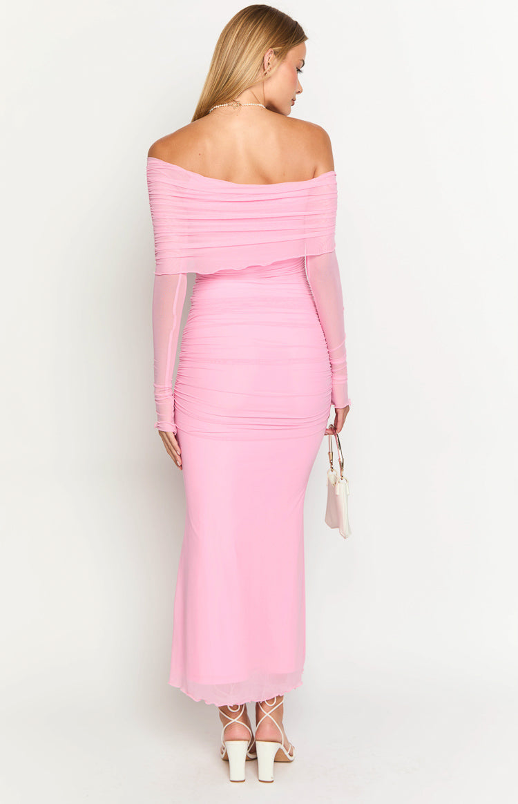 Rear view of the opal pink long sleeve maxi dress with a ruched off-shoulder band and fitted ruched body