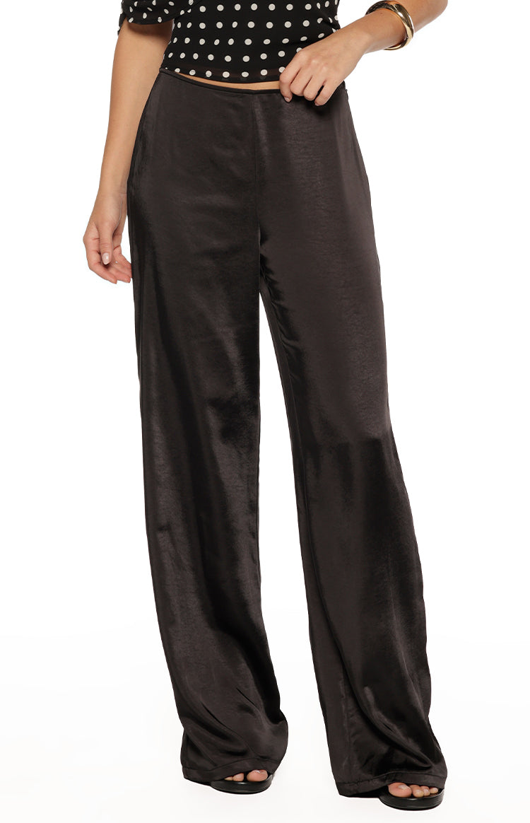 Beginning Boutique Orla Black Satin Straight Leg Pants â€” black satin high-waisted straight leg pants with a relaxed fit