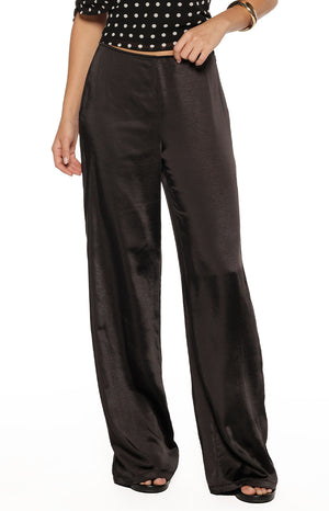 Beginning Boutique Orla Black Satin Straight Leg Pants â€” black satin high-waisted straight leg pants with a relaxed fit