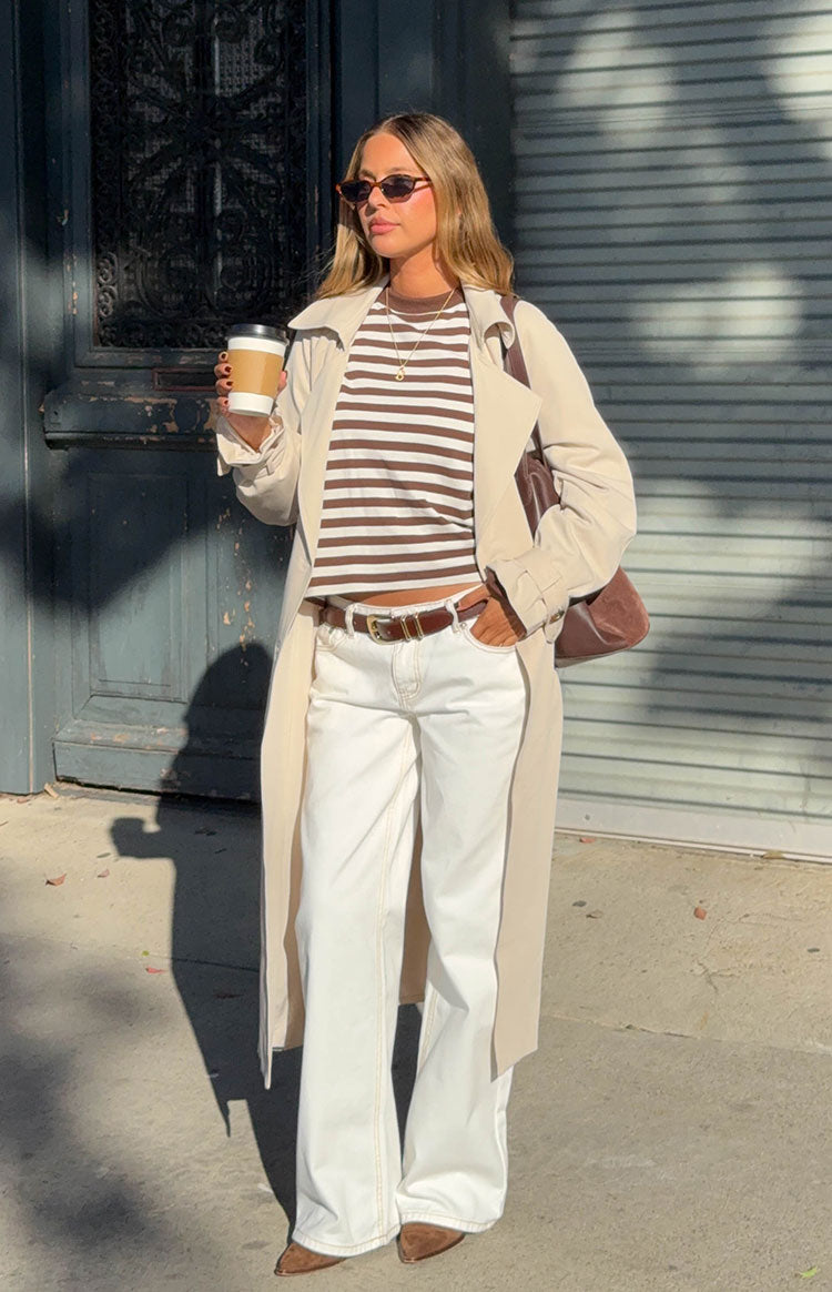 Beginning Boutique Orla Cream Belted Trench Coat cream longline belted trench coat with collar and lapels