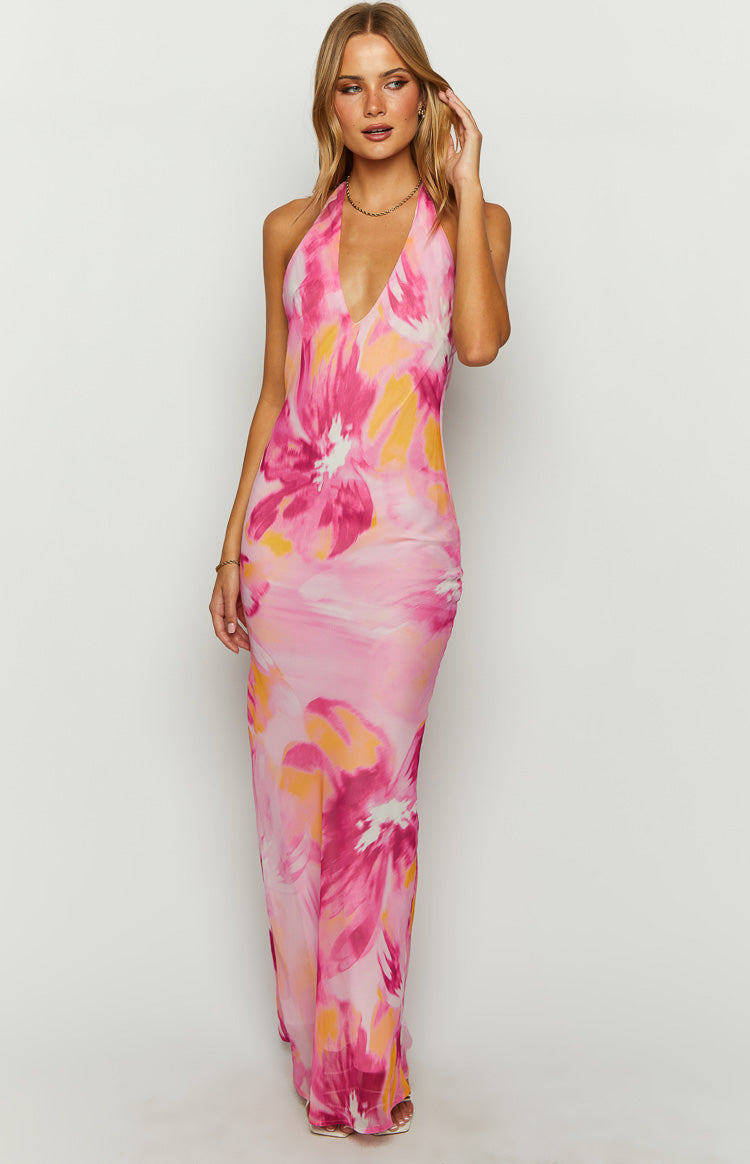 Orleans Pink Hibiscus Print Maxi Dress Image