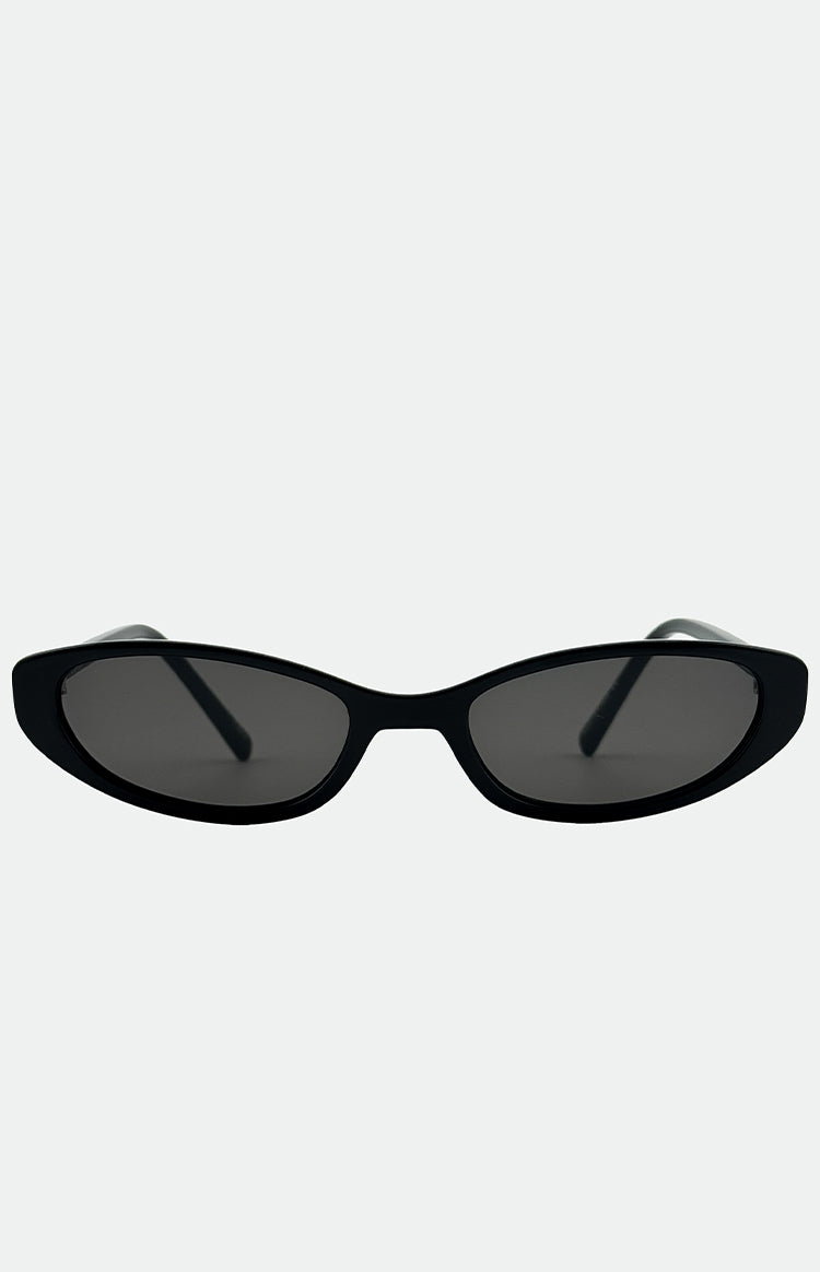 Black thin cat-eye sunglasses with dark grey tinted lenses