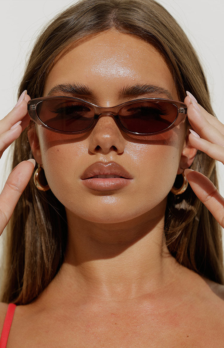 Beginning Boutique Otra Eyewear Lulu Olive/Brown Cat Eye Sunglasses translucent olive brown slim cat eye sunglasses with dark lenses