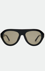 A pair of black thick-framed sunglasses with a flat top and a slightly rounded teardrop shape.