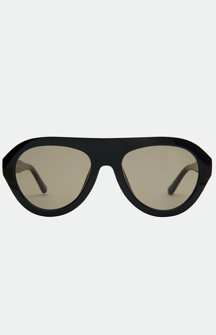 A pair of black thick-framed sunglasses with a flat top and a slightly rounded teardrop shape.