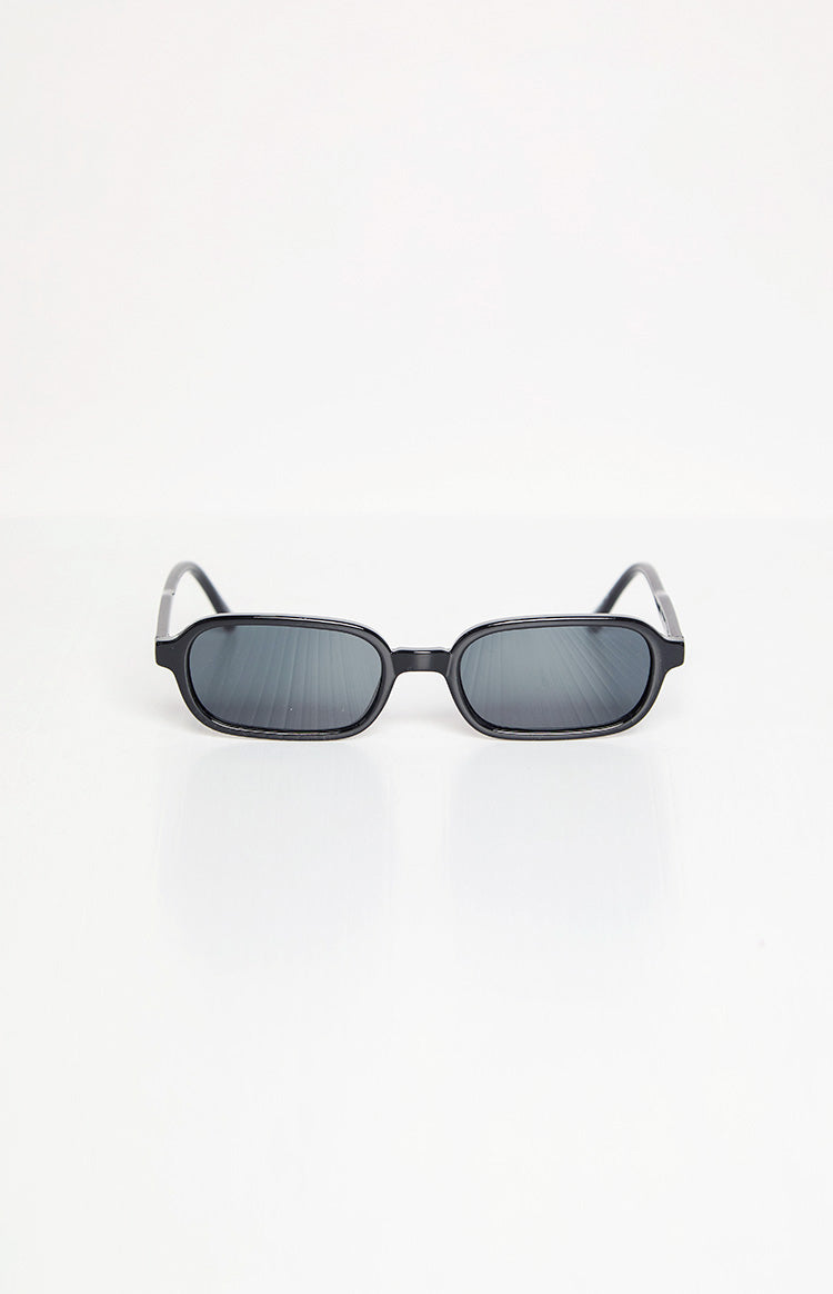 Front view of black rectangle sunglasses with dark lenses and arms slightly open