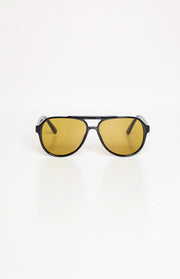 Black aviator sunglasses with yellow lenses and a prominent double bridge