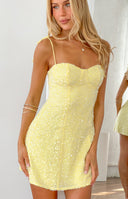Beginning Boutique Penny Lane Yellow Sequin Mini Dress yellow sequin mini dress with thin spaghetti straps and a sweetheart n