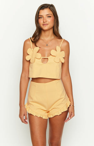 Beginning Boutique Petal Yellow Crop Top petal yellow crop top with thin straps, sweetheart cutout neckline, petal appliques