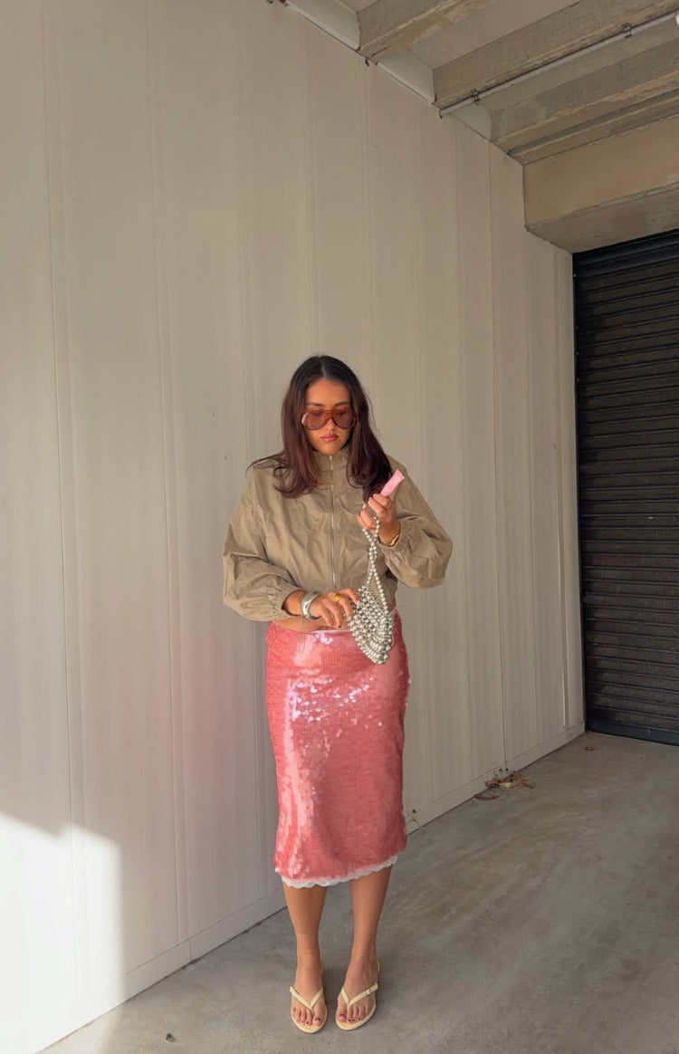 Beginning Boutique Petra Pink Sequin Lace Trim Midi Skirt pink sequin midi skirt with white lace trim