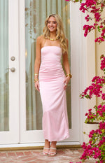 Pink Bloom Satin Strapless Maxi Dress Image