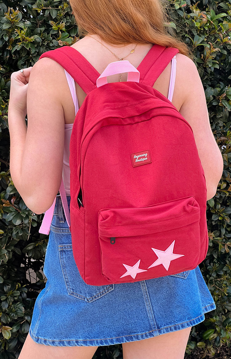 Pink Star Burgundy Backpack Image