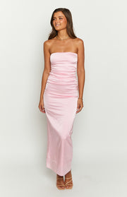 Pink satin strapless maxi dress with ruched side detailing and a fitted silhouette