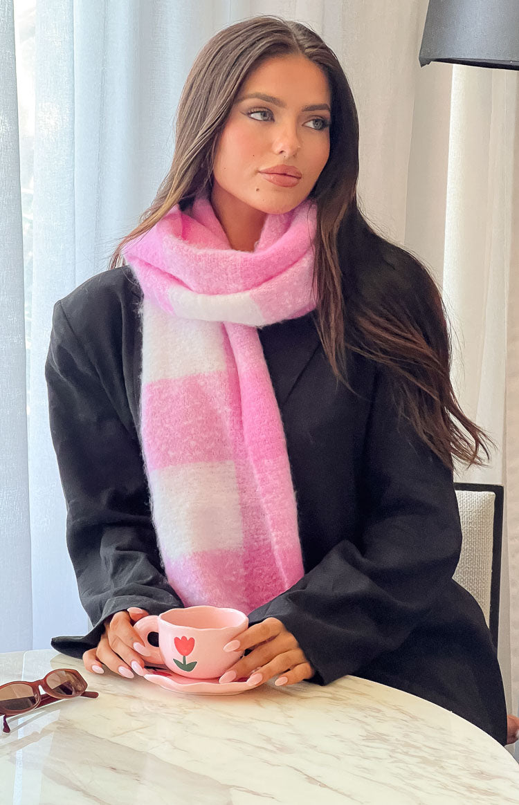 Beginning Boutique Pink Check Blanket Scarf pink and white large check fuzzy blanket scarf wrapped around the neck