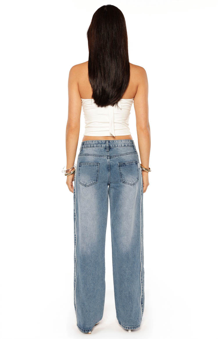 Posey Mid Wash Contrast Seam Wide Leg Jeans Image