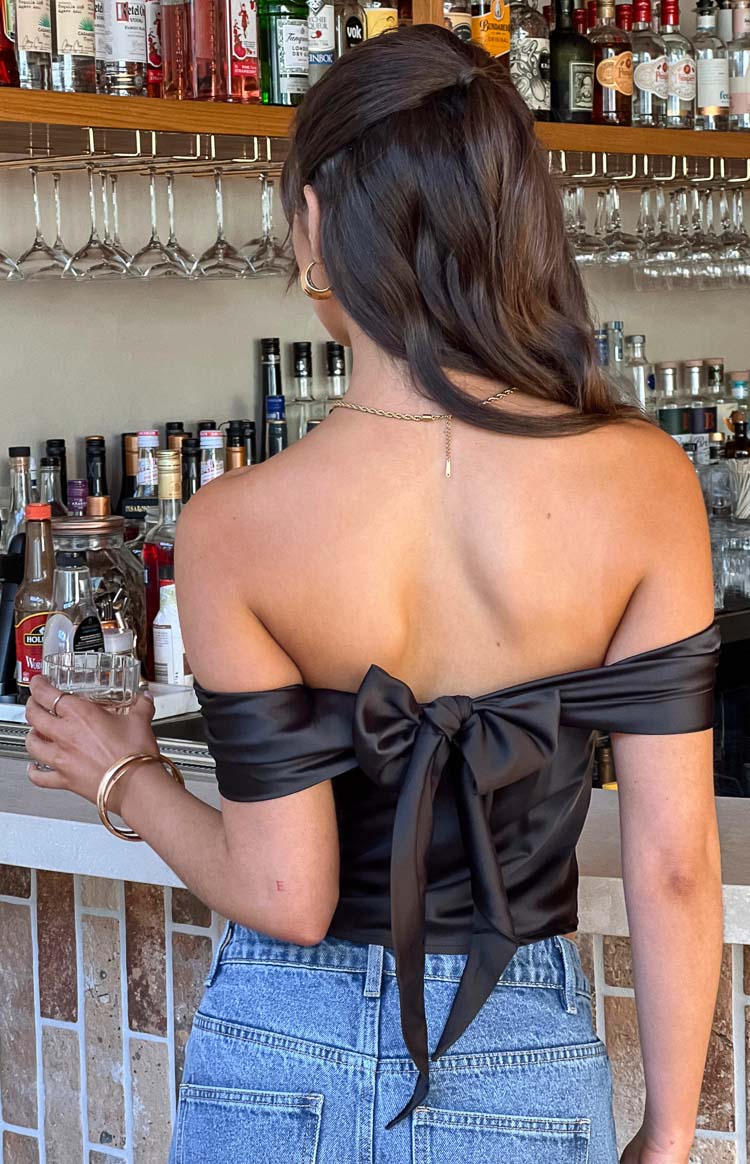 Primrose Black Satin Off the Shoulder Crop Top Image