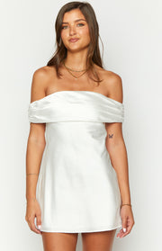 White satin off-the-shoulder mini dress with a draped neckline and ruched band detail