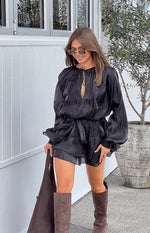 Beginning Boutique Quinton Black Satin Long Sleeve Tie Mini Dress black satin tie-neck mini dress with long sleeves and self-tie waist