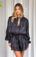 Black striped satin mini dress with gathered round neckline, keyhole tie, voluminous long sleeves, and tie waist