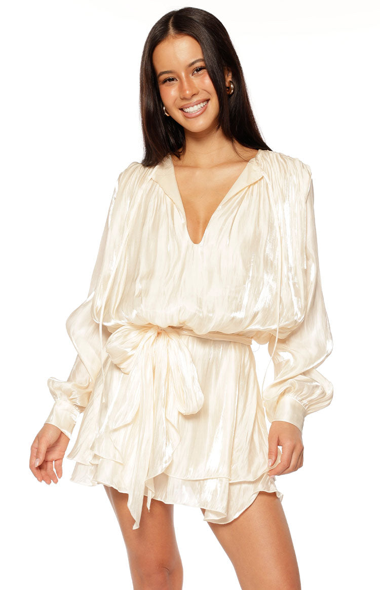 Quinton Pearl Satin Long Sleeve Tie Mini Dress Image