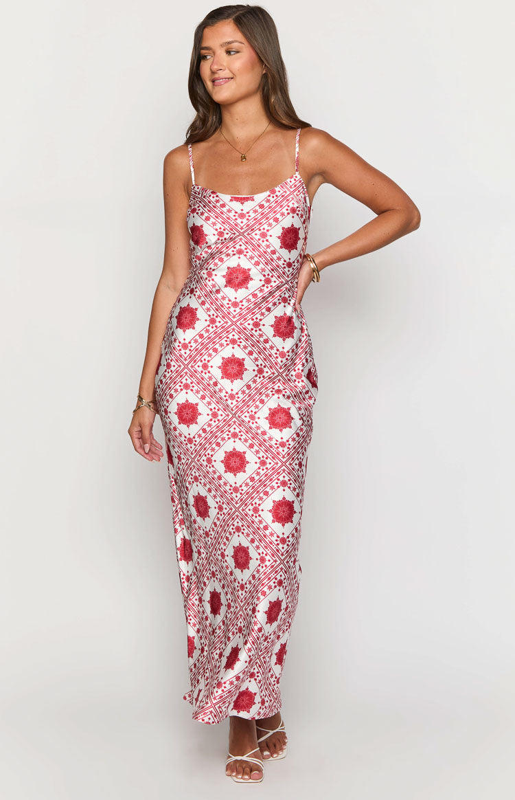 Beginning Boutique Renesmee Red Tile Print Maxi Dress white with red tile print slip maxi dress with spaghetti straps and scoop neckline