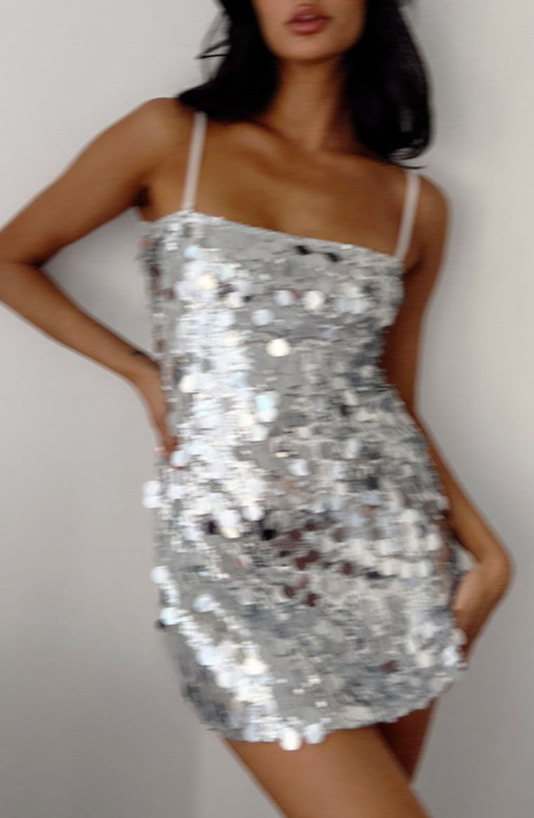 Beginning Boutique Radiant Silver Sparkle Mini Dress silver sequin bodycon mini dress with spaghetti straps