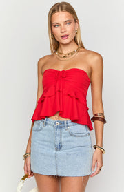 Red strapless crop top with a central drawstring ruched bust and two tiers of ruffles
