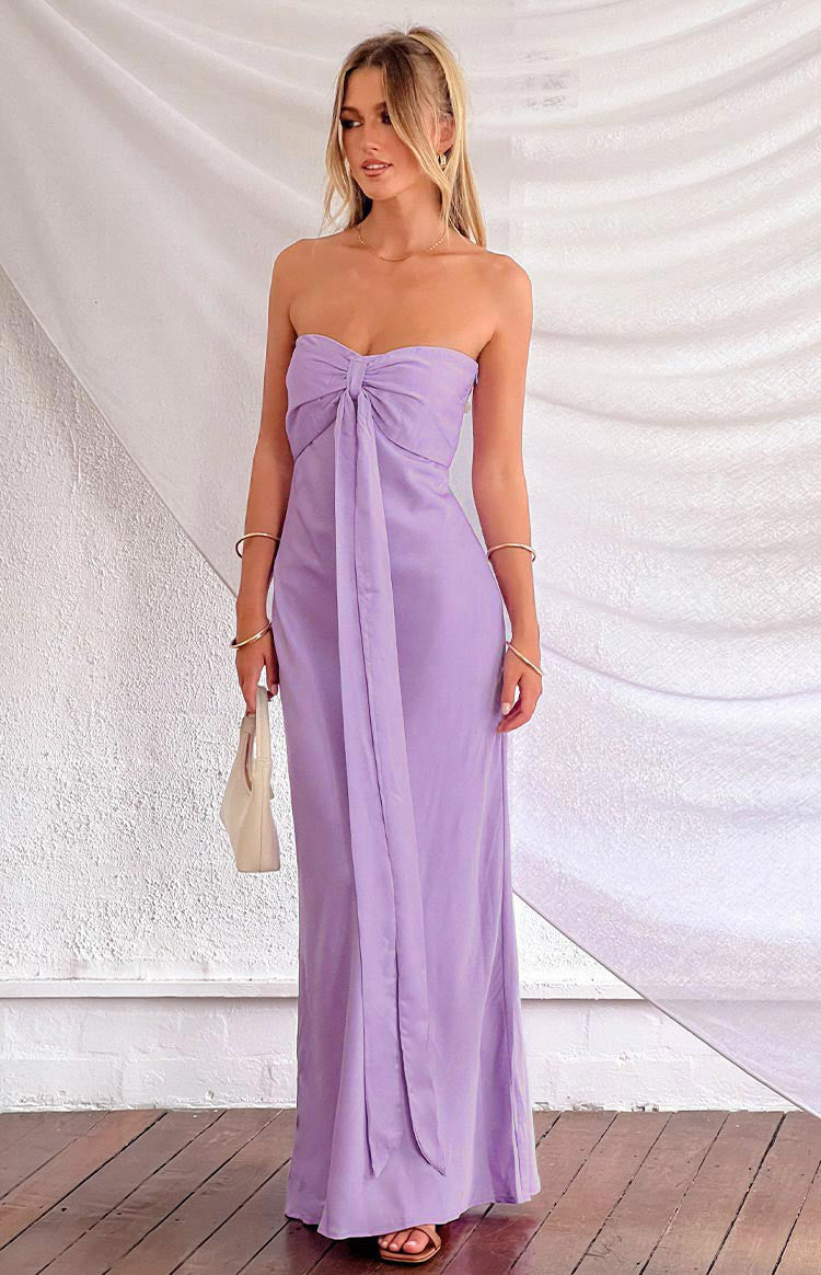 Beginning Boutique Ariella Lilac Satin Strapless Maxi Dress lilac satin strapless maxi dress with a front bow knot detail and long ties
