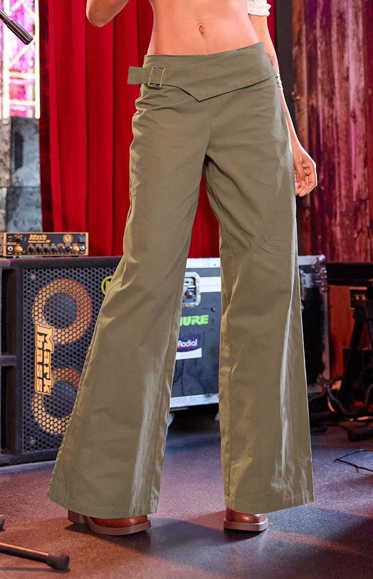 Beginning Boutique Rewind Green Buckle Detail Straight Leg Pants olive green straight leg pants with a V-cut waistband and side buckle detail