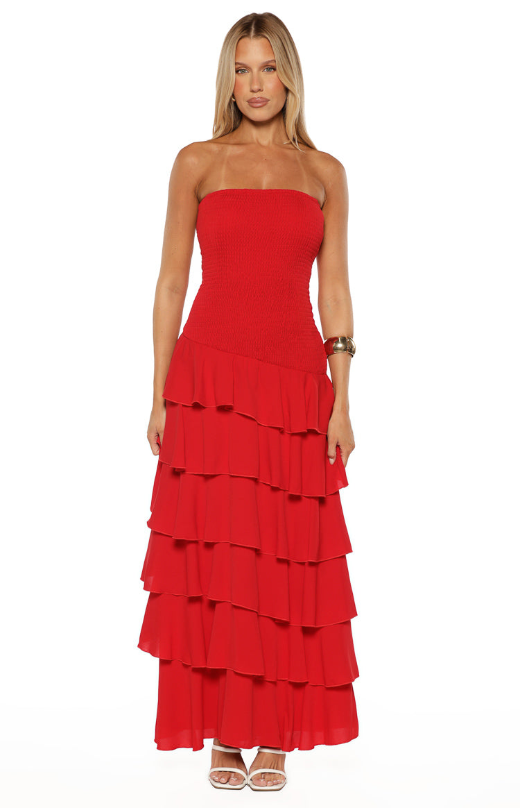 Riles Red Strapless Ruffle Maxi Dress Image