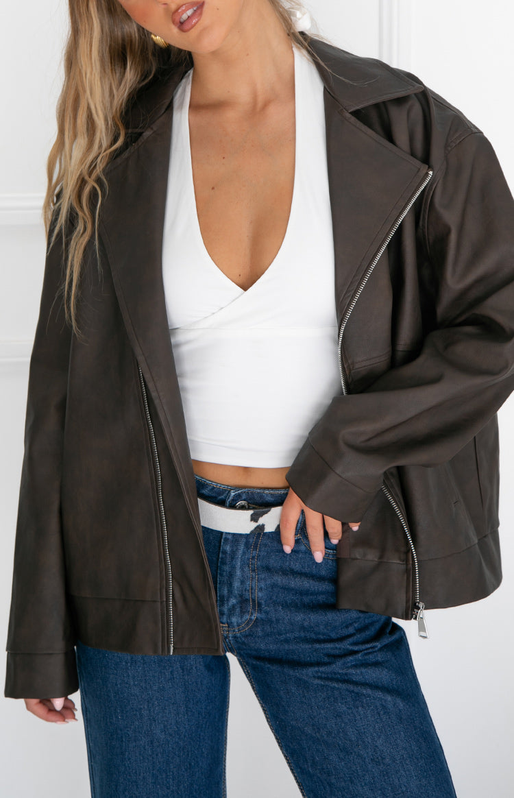 Rochelle PU Chocolate Brown Oversized Biker Jacket Image
