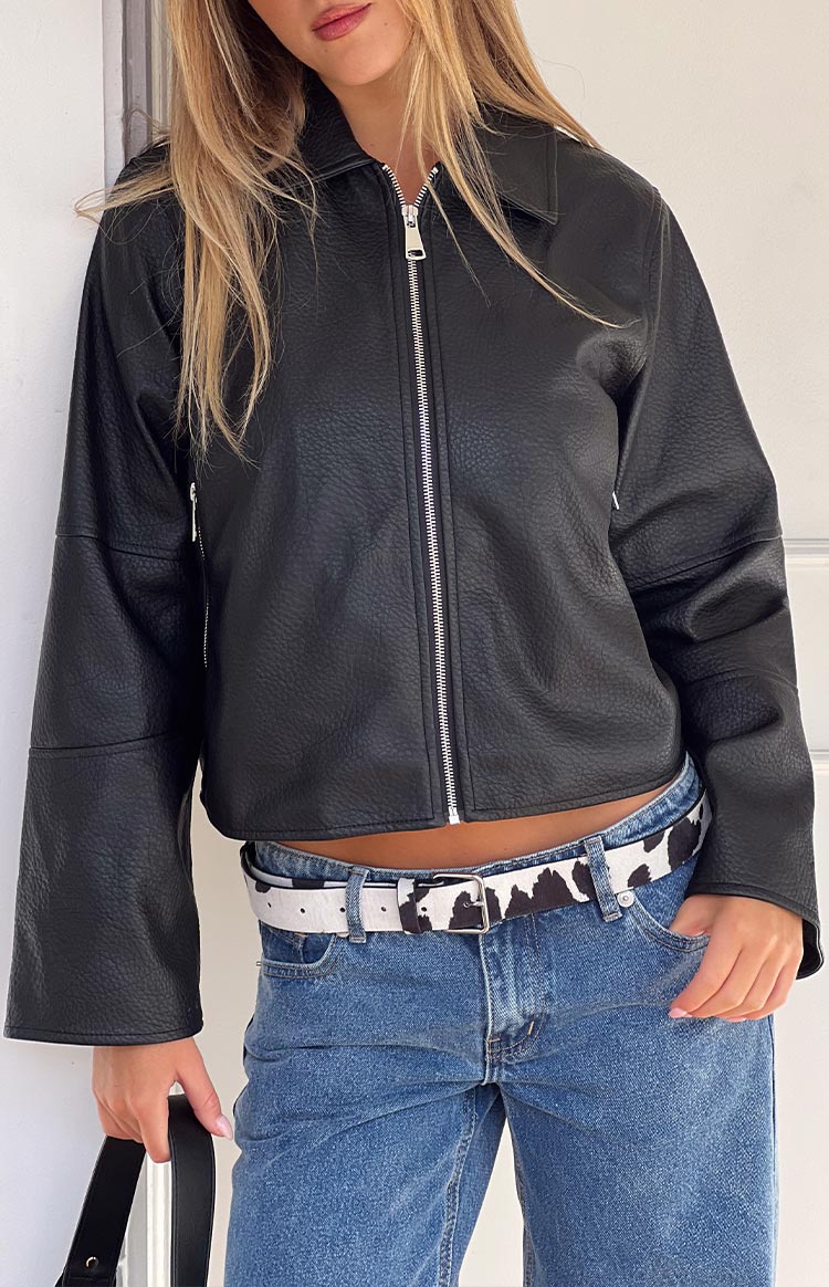 Beginning Boutique Rockie Black PU Pebbled Cropped Jacket black pebbled PU collared cropped jacket with silver front zipper and wide sleeves