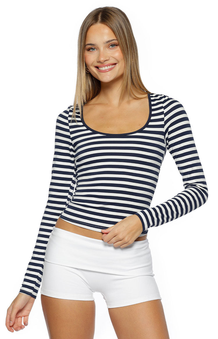 Navy and white striped long sleeve top with a wide scoop neck and fitted long sleeves, cropped hem