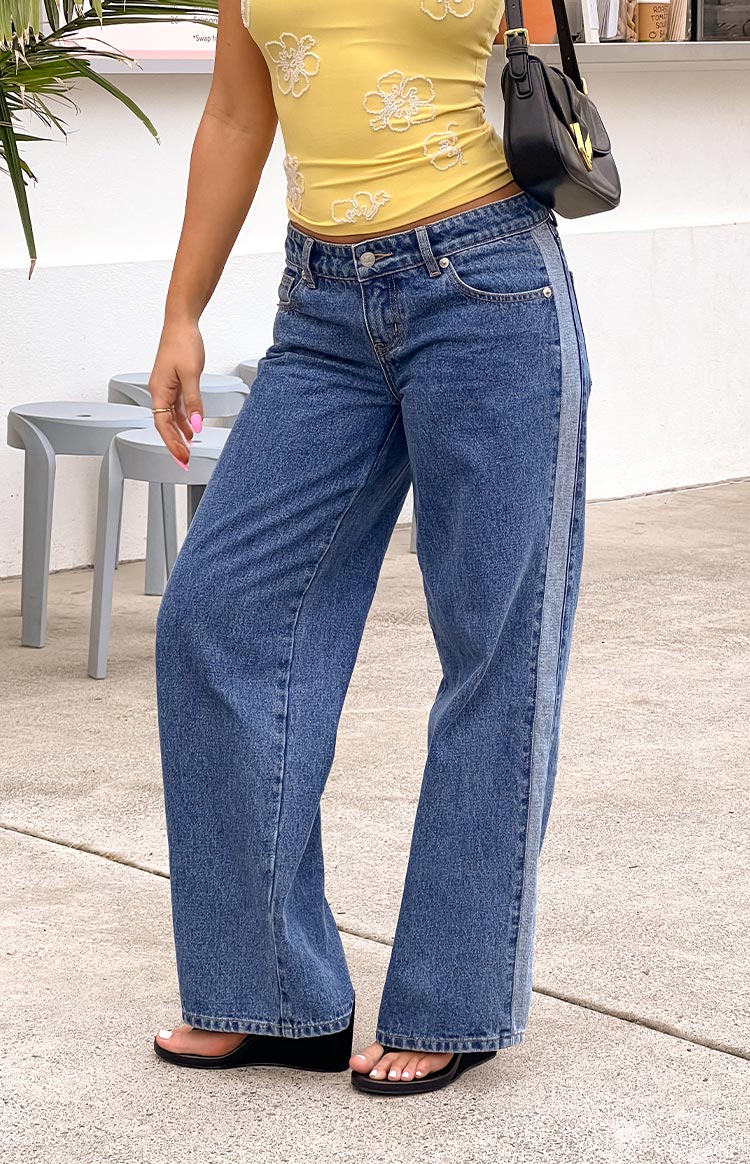 Roonie Contrast Stripe Mid Wash Denim Low Rise Jeans Image