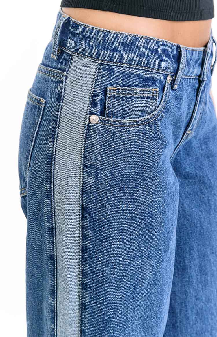 Roonie Contrast Stripe Mid Wash Denim Low Rise Jeans Image