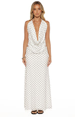 Full length front view of the white mesh maxi skirt with small black polka dots