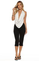Beginning Boutique Rozie White Polka Dot Mesh Top white polka dot mesh halter top with a deep cowl neck