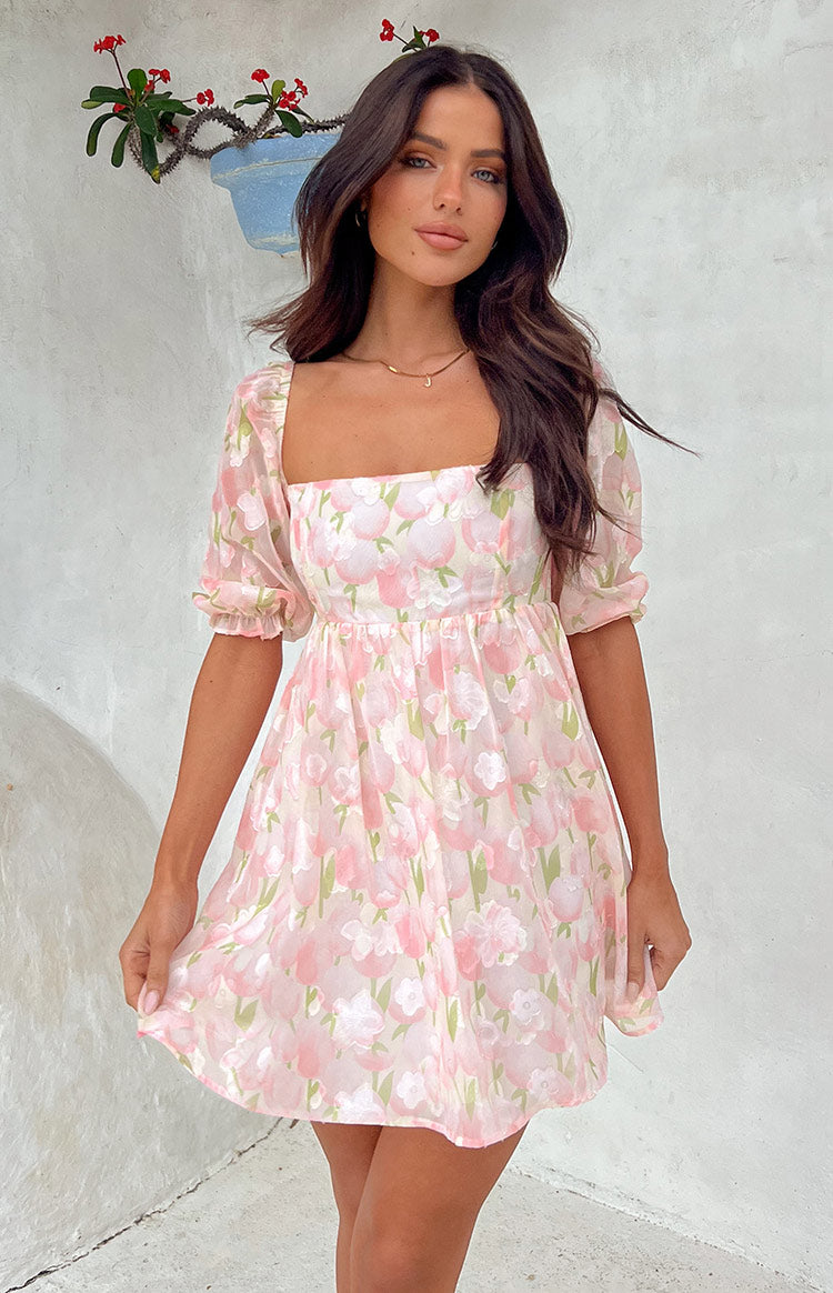 Beginning Boutique Rubi Pink Floral Babydoll Mini Dress light pink floral square neck babydoll mini dress with puff sleeves