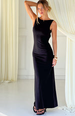 Black crepe maxi dress with a high boat neck and a fitted bodice flowing to a straight skirt