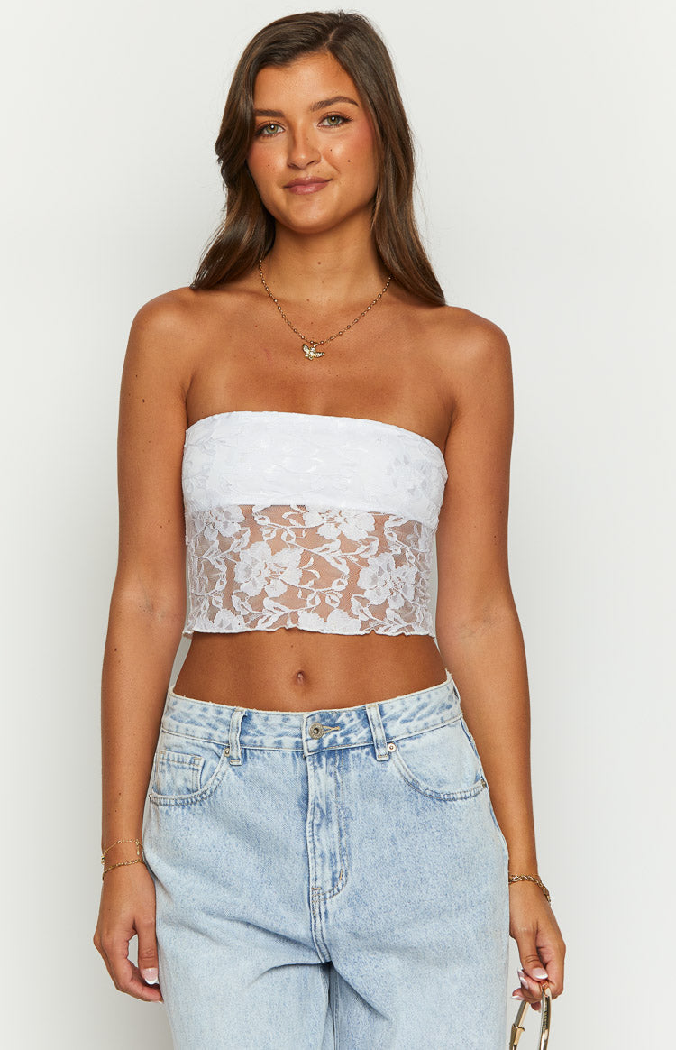 White strapless crop top with a fitted opaque band and sheer floral lace body