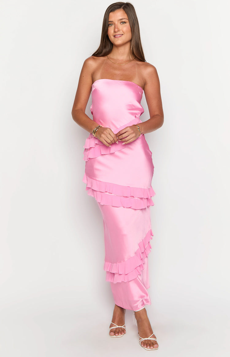 Pink strapless maxi dress with diagonal tiered ruffles on the skirt