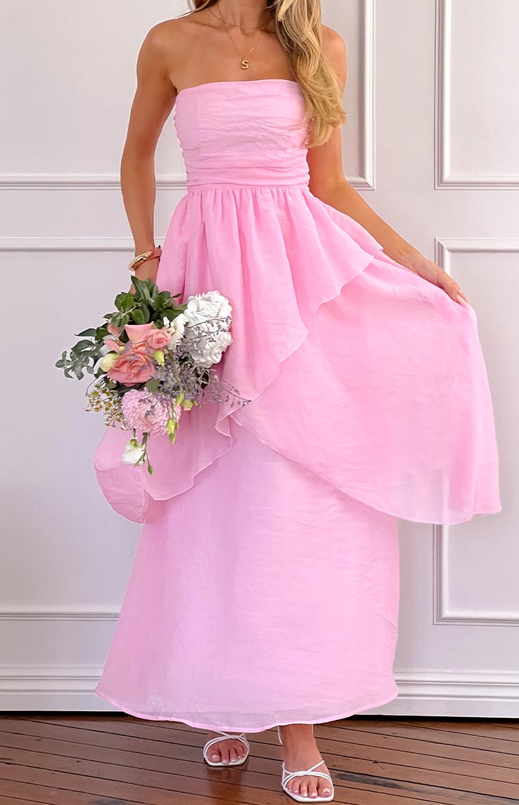 Beginning Boutique Sadie Pink Maxi Dress pink strapless ruched bust maxi dress with a tiered flowy skirt