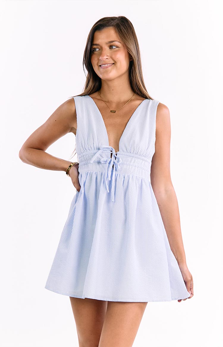 Saffron Blue Stripe Tie Mini Dress Image