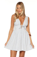 Beginning Boutique Saffron Blue Floral Tie Mini Dress blue and white floral check deep V-neck lace-up front mini dress