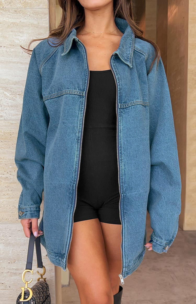 Beginning Boutique Sally Blue Oversized Denim Jacket blue oversized longline denim jacket with collar and front zipper
