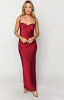 Beginning Boutique Scarlette Red Maxi Dress red satin bodycon maxi dress with lace trim sweetheart neckline and spaghetti straps