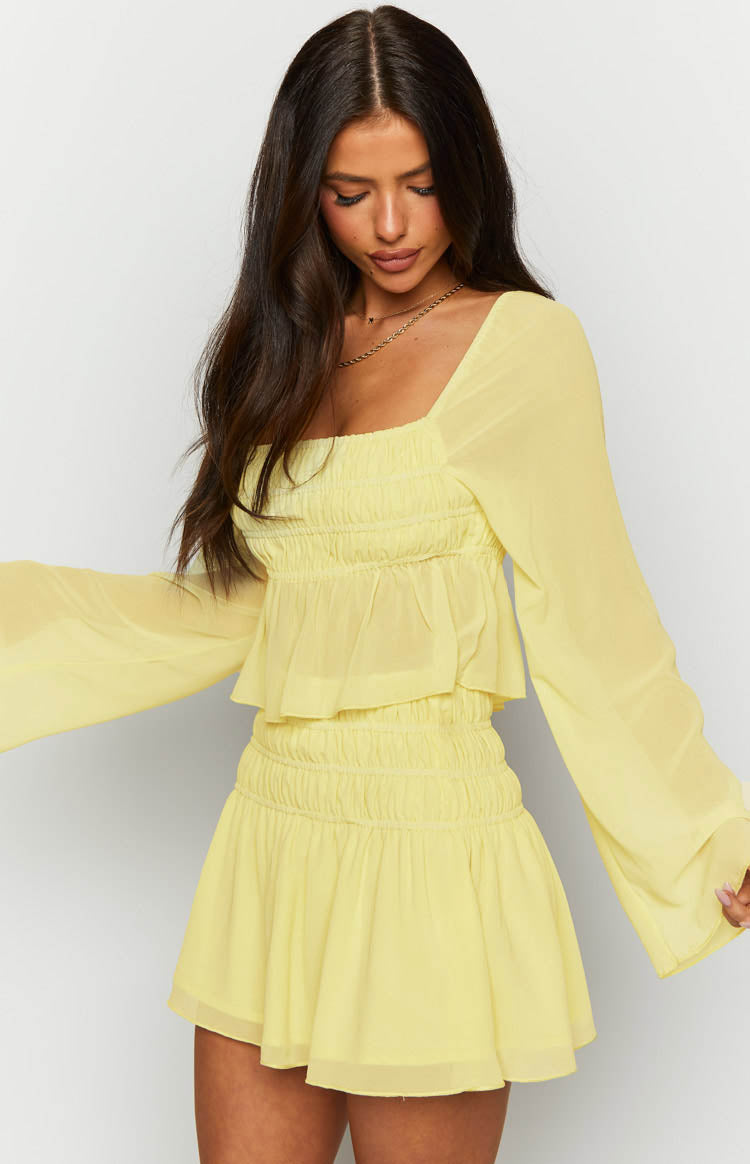 Beginning Boutique Sean Yellow Chiffon Long Sleeve Top yellow chiffon square neck top with smocked bodice and long flowy sleeves