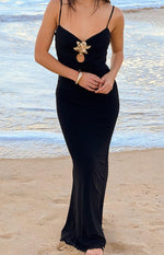 Selina Black Hibiscus Trim Maxi Dress Image