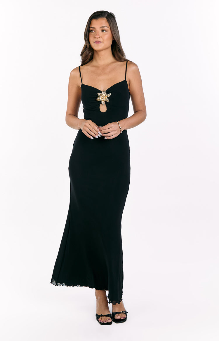 Selina Black Hibiscus Trim Maxi Dress Image